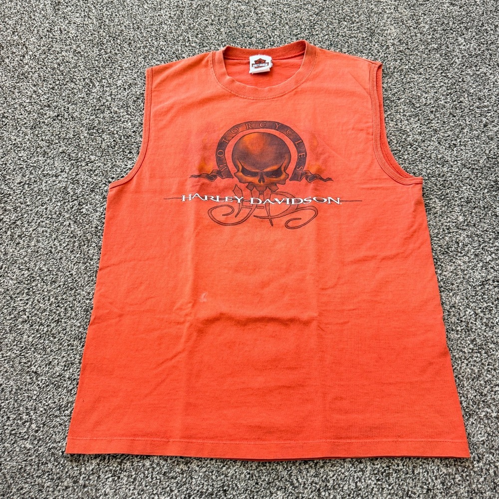 VTG Harley Davidson Maui Hawaii Shirt Mens L Orange Hawaiian Tank Top USA Made